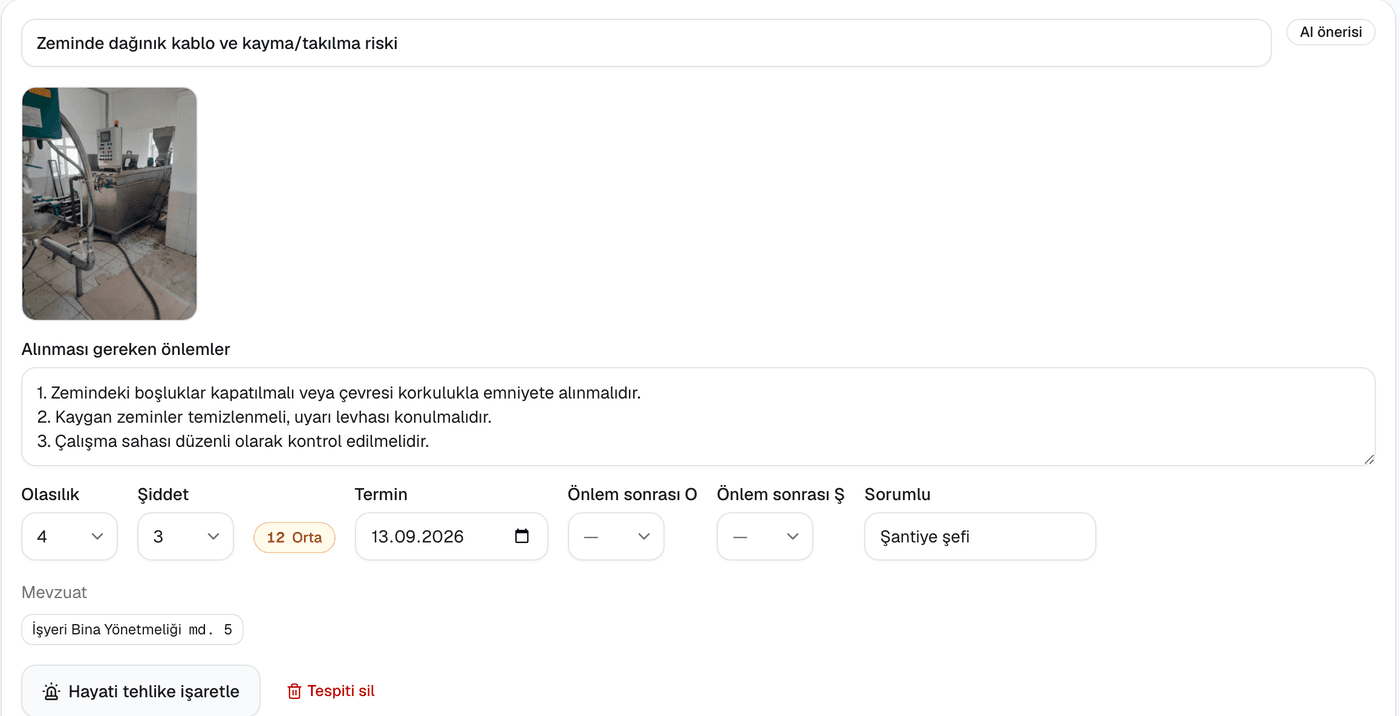Tespit kartı: saha fotoğrafı, alınacak önlem metni, 5×5 risk puanı, termin tarihi ve eşleşen mevzuat maddeleri.